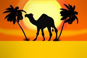 Camel between Palms in Desert, drawing