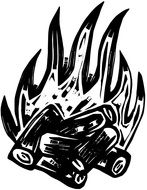 Black and white sketch of wood and fire flames