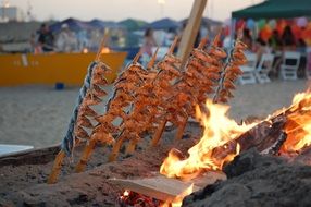 baked sardines on a bonfire on the beach in Malaga, Spain