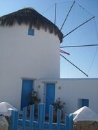 white mill on the island of Cyclades at blue sky background