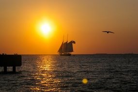 sailing ship at sea at sunset