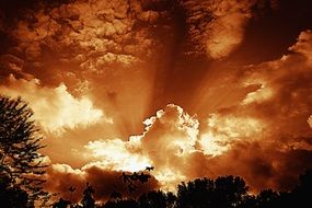 sun in the clouds over the silhouettes of nature