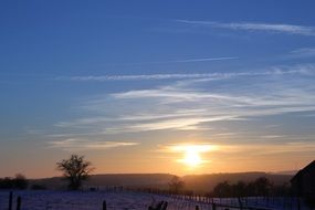 sunset over the winter edge of the forest