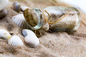bottle with a letter on the beach near seashells