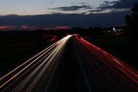 lines of light on the road at night