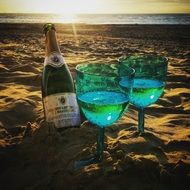 Champagne with the glasses on the beach of Katwijk