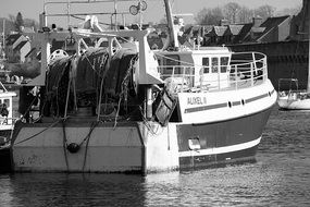 Boat Trawler on the water in black and white
