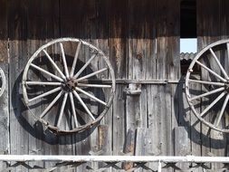 wooden wheels on the old barn