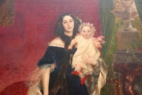 beautiful young woman holding baby girl, painting in museum, russia, moscow