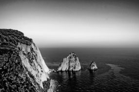 black and white photo of the coast of Zakynthos island, Greece