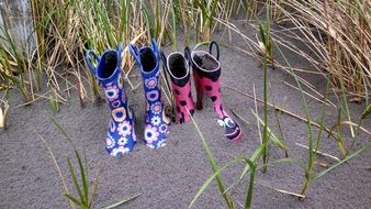 Colorful children's shoes stand in the sand with the plants