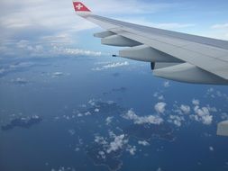 photo of an airplane wing against the ocean