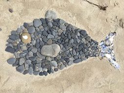 fish artwork made of stones on the beach