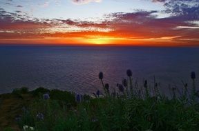 bright orange sunset on the horizon above the coast on Madeira