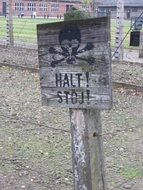 wooden sign in Auschwitz