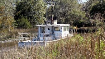 fishing boat among thickets on a pond