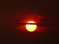 bright setting sun in dark clouds close-up
