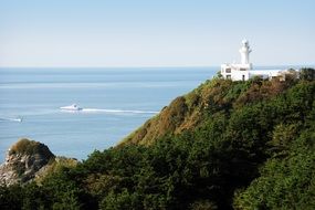 lighthouse on a green hill on an island