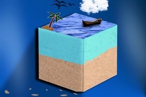 cube with an island near the sea