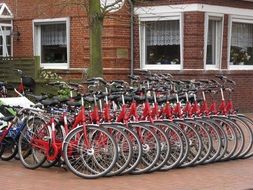parked red bike loops for tourists