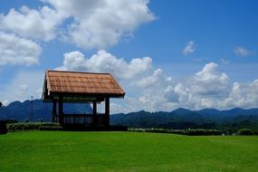 Beautiful landscape with the green field under the blue sky with the clouds