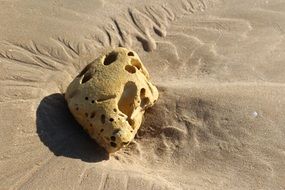 stone in holes on a sandy beach close up