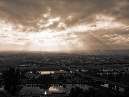 black and white photo of Rouen under a rainy sky