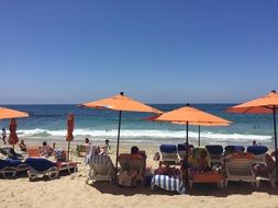 people under orange umbrellas on a sunny day