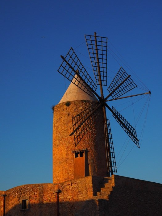 Beautiful landscape with the sunlight on the windmill in Mallorca