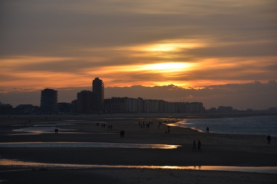 picturesque coast at sunset in oostende