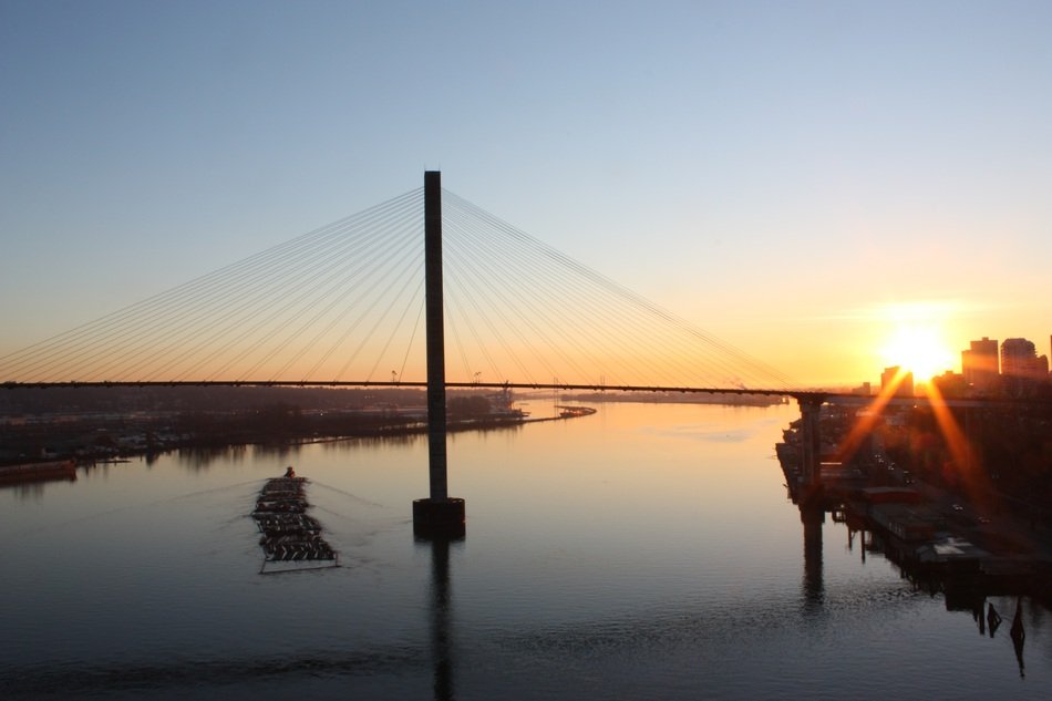 Wonderful Fraser River in New Westminster at colorful sunset background