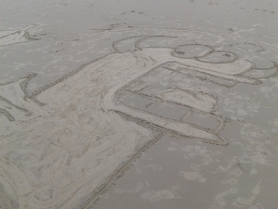 Monster drawing on the sand on the beach