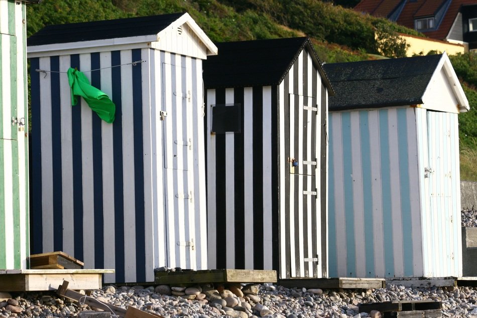 beach huts with stripes