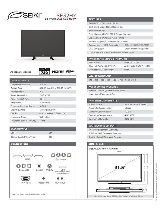 Seiki SE43FY 43-Inch 1080p LED TV (2015 Model) N10