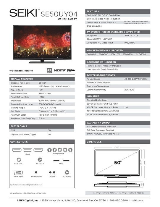 Seiki SE50UY04 50-Inch 4K Ultra HD 120Hz LED TV (Discontinued) N7