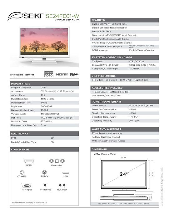 Seiki SE24FE01-W 24-Inch 1080p 60Hz LED TV (2014 Model) N6