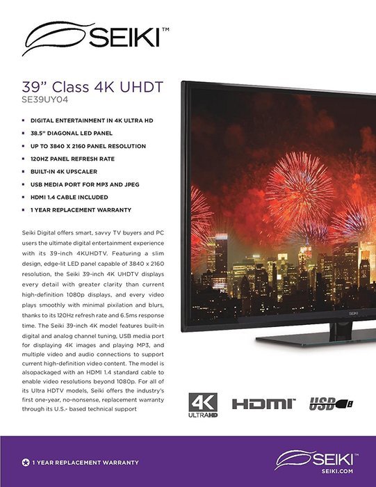 Seiki SE39UY04 39-Inch 4K Ultra HD 120Hz LED TV (Discontinued) N7