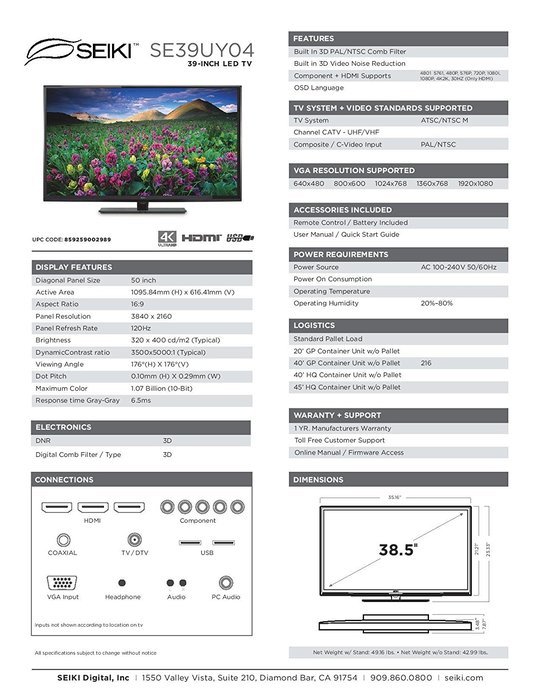 Seiki SE39UY04 39-Inch 4K Ultra HD 120Hz LED TV (Discontinued) N8