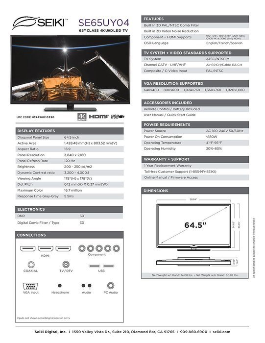 Seiki SE39UY04 39-Inch 4K Ultra HD 120Hz LED TV (Discontinued) N15