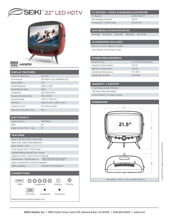 Seiki SE22FR01 22-Inch 1080p 60Hz LED TV (Retro TV) N3