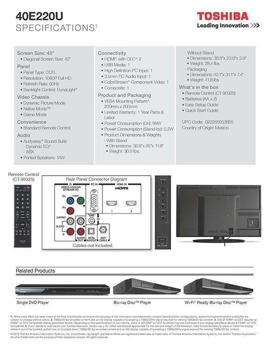 Toshiba 40E220U 40-Inch 1080p 60Hz LCD HDTV (Black) (2012 Model) N8