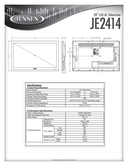 Jensen JE2414 24" LED AC Television with integrated HDTV (ATSC) tuner and full function wireless remote control... N3