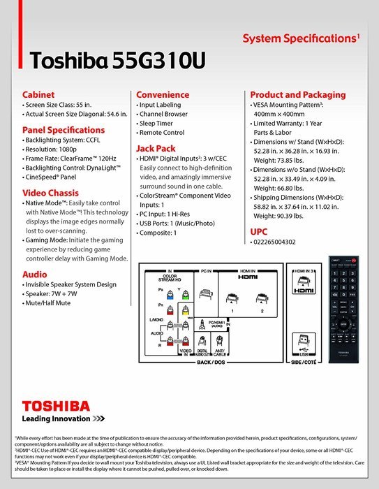 Toshiba 55G310U 55-Inch 1080p 120 Hz LCD HDTV, Black (2011 Model) N2