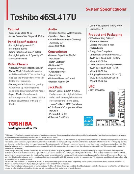 Toshiba 46SL417U 46-Inch 1080p 120 Hz LED-LCD HDTV with Net TV, Black (2011 Model) N2