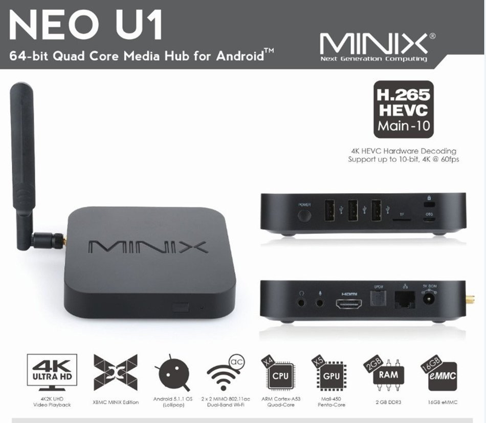 MINIX NEO U1 Android 64-Bit Super HD 4K TV Box Streaming Media Players Devices with A2 Lite Air Mouse Remote Control