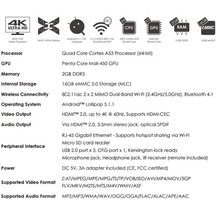 MINIX NEO U1 Android 64-Bit Super HD 4K TV Box Streaming Media Players Devices with A2 Lite Air Mouse Remote Control N4