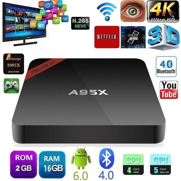 【2GB RAM+16GB ROM】Evangel Android 6.0 4K Smart TV Box A95X Amlogic S905X Quad Core Cortex A53 2.0GHz 64bit HD...