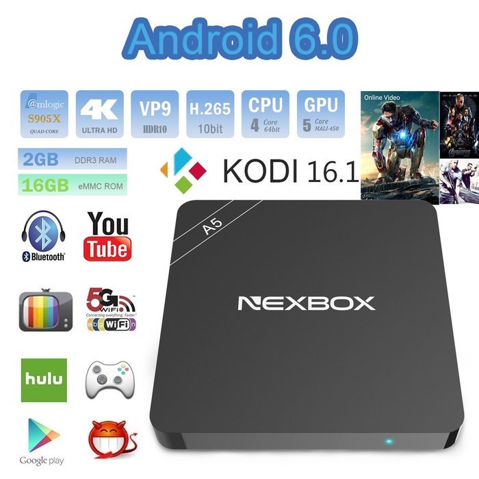 NEXBOX A5 TV Box Android 6.0 Amlogic S905X Quad Core 2.0GHz 64 bit Kodi 16.1 Fully Loaded 2G/16G HDMI 2.0a 4k...
