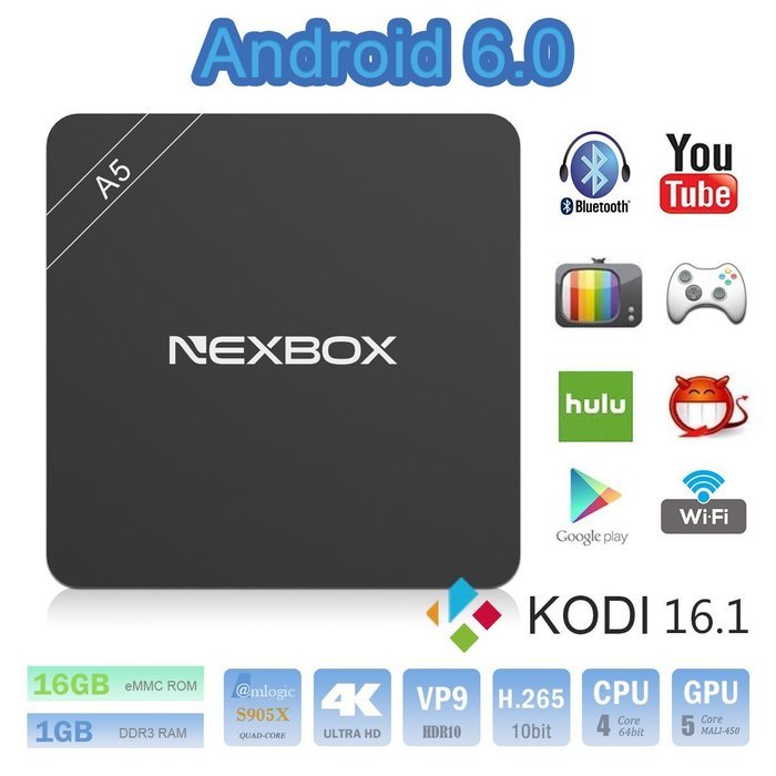 NEXBOX A5 TV Box Android 6.0 Amlogic S905X Quad Core 2.0GHz 64 bit Kodi 16.1 Fully Loaded 2G/16G HDMI 2.0a 4k... N11