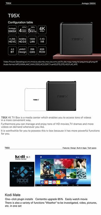 Miroha T95X Android 6.0 TV Box 2GB Ram / 8GB eMMC Flash Android 6.0 MarshMallow Amlogic S905X Quad-Core Cortex-A53... N5
